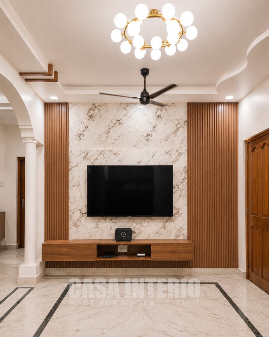 Living room television wall in fluted wood and marble